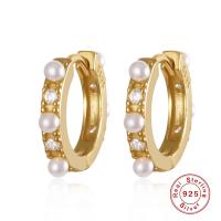 925 Sterling Silver Huggie Hoop Earring, with Plastic Pearl, plated, for woman & with rhinestone, more colors for choice, 9x2.10mm, Sold By Pair