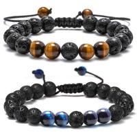Gemstone Bracelets, Lava, with Tiger Eye & Black Stone & Turquoise, Round, Adjustable & different packing style for choice & Unisex & anti-fatigue, more colors for choice, 8mm, Length:Approx 19-28 cm, Sold By PC