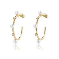 925 Sterling Silver Stud Earrings with Plastic Pearl plated micro pave cubic zirconia & for woman 18.50mm Sold By Pair