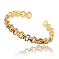 laiton bracelet manchette, Placage de couleur d'or, Réglable & pavé de micro zircon & pour femme, 60x9mm, Vendu par PC