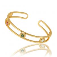 Brass Cuff Bangle, gold color plated, Adjustable & evil eye pattern & micro pave cubic zirconia & for woman, 60mm, Sold By PC