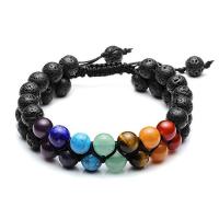 Gemstone Bracelets Lava with Natural Stone & Zinc Alloy Round silver color plated Double Layer & Adjustable & Unisex & anti-fatigue 8mm Length Approx 19-28 cm Sold By PC