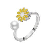Brass Cuff Finger Ring with Plastic Pearl Daisy silver color plated rotatable & for woman & enamel nickel lead & cadmium free 9mm Sold By PC