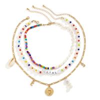 Multi Layer Necklace, Tibetan Style, with Seedbead & Plastic Pearl & Acrylic, gold color plated, multilayer & for woman, 20mm, 30mm, 10mm, Length:Approx 13.8 Inch, Approx 14.9 Inch, Approx 17.7 Inch, Sold By PC