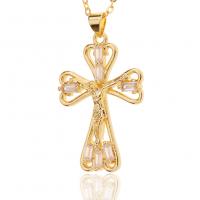 Cubic Zircon Micro Pave Brass Necklace, Cross, gold color plated, micro pave cubic zirconia & for woman & hollow, 21x35mm, Length:Approx 17.7 Inch, Sold By PC