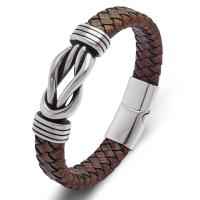 Partículas de aço pulseira, with Couro do plutônio, joias de moda & tamanho diferente para a escolha & para o homem, marrom, 12x6mm, vendido por PC