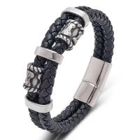 Partículas de aço pulseira, with Couro do plutônio, joias de moda & tamanho diferente para a escolha & para o homem, preto, 12x6mm, vendido por PC