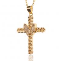 Cubic Zircon Micro Pave Brass Necklace, Cross, gold color plated, butterfly design & micro pave cubic zirconia & for woman, 26x40mm, Length:Approx 17.7 Inch, Sold By PC