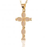 Cubic Zircon Micro Pave Brass Necklace, Cross, gold color plated, micro pave cubic zirconia & for woman, 17x35mm, Length:Approx 17.7 Inch, Sold By PC