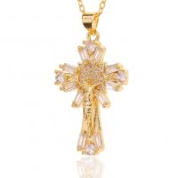 Cubic Zircon Micro Pave Brass Necklace Crucifix Cross gold color plated micro pave cubic zirconia & for woman Length Approx 17.7 Inch Sold By PC