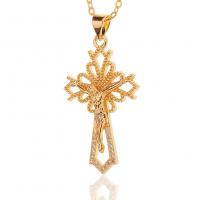 Cubic Zircon Micro Pave Brass Necklace, Crucifix Cross, gold color plated, micro pave cubic zirconia & hollow, 19x36mm, Length:Approx 17.7 Inch, Sold By PC