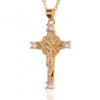 Cubic Zircon Micro Pave Brass Necklace, Crucifix Cross, gold color plated, micro pave cubic zirconia & for woman, 19x36mm, Length:Approx 17.7 Inch, Sold By PC