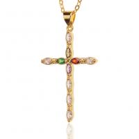 Cubic Zircon Micro Pave Brass Necklace, Cross, gold color plated, micro pave cubic zirconia & for woman, 21x38mm, Length:Approx 17.7 Inch, Sold By PC