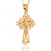 Cubic Zircon Micro Pave Brass Necklace, Crucifix Cross, gold color plated, micro pave cubic zirconia & for woman & hollow, 20x37mm, Length:Approx 17.7 Inch, Sold By PC