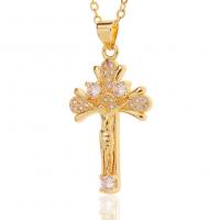 Cubic Zircon Micro Pave Brass Necklace, Crucifix Cross, gold color plated, micro pave cubic zirconia & for woman, 18x32mm, Length:Approx 17.7 Inch, Sold By PC