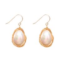 Brass Drop Earring, with Freshwater Pearl, brass earring hook, for woman, golden, 30x15mm, Sold By Pair