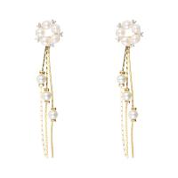 Brass Drop Earring, with Freshwater Pearl, brass post pin, micro pave cubic zirconia & for woman, golden, 60mm, Sold By Pair