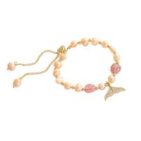 Tibetan Style Bracelet, with Rose Quartz & Plastic Pearl, real gold plated, micro pave cubic zirconia & for woman, mixed colors, 19mm, Length:Approx 21 cm, Sold By PC