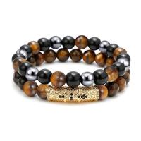 Gemstone Bracelets, Tiger Eye, with Obsidian & Hematite & Tibetan Style, Round, plated, Unisex & anti-fatigue & micro pave cubic zirconia, more colors for choice, 10mm, Length:Approx 19-28 cm, Approx 2PCs/Set, Sold By Set