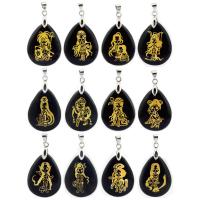 Natural Black Obsidian Pendants, with Brass, 12 Signs of the Zodiac, silver color plated, Unisex & different styles for choice, black, 25x32mm, Sold By PC