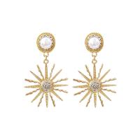 Brass Drop Earring with Plastic Pearl Flower gold color plated for woman & with rhinestone nickel lead & cadmium free 55mm Sold By Pair