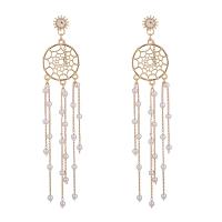 Fashion Fringe Earrings, Brass, with Plastic Pearl, Dream Catcher, KC gold color plated, for woman & with rhinestone & hollow, 25x125mm, Sold By Pair