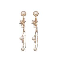 Tibetan Style Drop Earrings, with Plastic Pearl, Snowflake, gold color plated, for woman & with rhinestone, nickel, lead & cadmium free, 20x105mm, Sold By Pair
