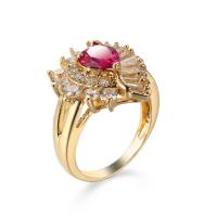 Cubic Zircon Brass δάχτυλο του δακτυλίου, Ορείχαλκος, σχήμα δακτυλίου, χρώμα επίχρυσο, κοσμήματα μόδας & για άνδρες και γυναίκες & διαφορετικό μέγεθος για την επιλογή & με ζιργκόν, κόκκινος, Sold Με PC