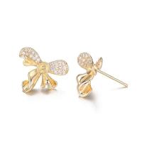Brass Earring Stud Component, Bowknot, 14K gold-filled, DIY & micro pave cubic zirconia, golden, nickel, lead & cadmium free, 15x14mm, 5Pairs/Lot, Sold By Lot