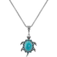 Zinc Alloy smykker halskæde, med Syntetisk Turkis, med 2.56Inch extender kæde, Turtle, sølvfarvet forgyldt, Vintage & for par, blå, nikkel, bly & cadmium fri, 31x42mm, Længde Ca. 17.72 inch, Ca. 12pc'er/Bag, Solgt af Bag