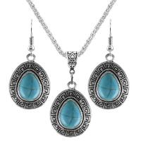 Tibetan Style Jewelry Sets, earring & necklace, with Turquoise, with 2.56Inch extender chain, Teardrop, silver color plated, vintage & different styles for choice & for woman, blue, nickel, lead & cadmium free, 23x30mm, Length:Approx 17.72 Inch, Approx 12PCs/Bag, Sold By Bag
