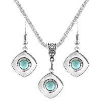 Tibetan Style Jewelry Sets, with Turquoise, with 2.56Inch extender chain, Rhombus, silver color plated, vintage & different styles for choice & for woman, blue, nickel, lead & cadmium free, 24x27mm, Length:Approx 17.72 Inch, Approx 12PCs/Bag, Sold By Bag