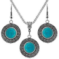 Tibetan Style Jewelry Sets, with Turquoise, with 2.56Inch extender chain, Round, silver color plated, vintage & for woman, blue, nickel, lead & cadmium free, 28mm, Length:Approx 17.72 Inch, Approx 12Sets/Bag, Sold By Bag