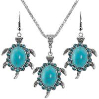 Tibetan Style Jewelry Sets, earring & necklace, with Turquoise, with 2.56Inch extender chain, Turtle, silver color plated, vintage & for woman, blue, nickel, lead & cadmium free, 31x42mm, Length:Approx 17.72 Inch, Approx 12Sets/Bag, Sold By Bag