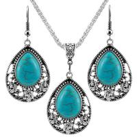 Tibetan Style Jewelry Sets, with Turquoise, with 2.56Inch extender chain, Teardrop, silver color plated, vintage & for woman, blue, nickel, lead & cadmium free, 25x35mm, Length:Approx 17.72 Inch, Approx 12Sets/Bag, Sold By Bag