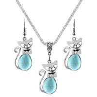 Tibetan Style Jewelry Sets, with Turquoise, with 2.56Inch extender chain, Cat, silver color plated, vintage & different styles for choice & for woman, blue, nickel, lead & cadmium free, 18x34mm, Length:Approx 17.72 Inch, Approx 12PCs/Bag, Sold By Bag