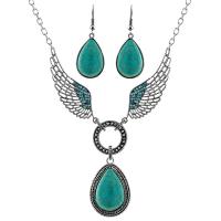 Zinc Alloy Jewelry Sets earring & necklace with Turquoise with 2.56Inch extender chain Teardrop silver color plated vintage & for woman blue nickel lead & cadmium free  70mm Length Approx 23.62 Inch Approx Sold By Bag