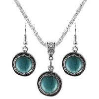 Zinc Alloy Jewelry Sets with Turquoise with 2.56Inch extender chain Round silver color plated vintage & for woman blue nickel lead & cadmium free 20mm Length Approx 17.72 Inch Approx Sold By Bag