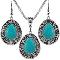 Tibetan Style Jewelry Sets, with Turquoise, with 2.56Inch extender chain, Teardrop, silver color plated, vintage & for woman, blue, nickel, lead & cadmium free, 26x31mm, Length:Approx 17.72 Inch, Approx 12Sets/Bag, Sold By Bag