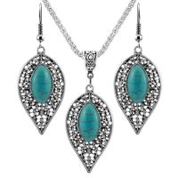 Zinc Alloy Jewelry Sets with Turquoise with 2.56Inch extender chain Leaf silver color plated vintage & for woman blue nickel lead & cadmium free Length Approx 17.72 Inch Approx Sold By Bag