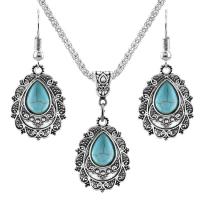 Zinc Alloy Jewelry Sets with Turquoise with 2.56Inch extender chain Teardrop silver color plated vintage & for woman blue nickel lead & cadmium free Length Approx 18.11 Inch Approx Sold By Bag