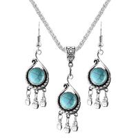 Tibetan Style Jewelry Sets, with Turquoise, with 2.56Inch extender chain, silver color plated, vintage & different styles for choice & for woman, blue, nickel, lead & cadmium free, 20x47mm, Length:Approx 17.72 Inch, Approx 12PCs/Bag, Sold By Bag