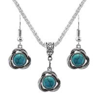 Zinc Alloy Jewelry Sets with Turquoise with 2.56Inch extender chain silver color plated vintage & for woman blue nickel lead & cadmium free 18mm Length Approx 17.72 Inch Approx Sold By Bag