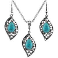 Zinc Alloy Jewelry Sets with Turquoise with 2.56Inch extender chain Leaf silver color plated vintage & for woman blue nickel lead & cadmium free Length Approx 17.72 Inch Approx Sold By Bag