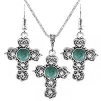 Zinc Alloy Jewelry Sets with Turquoise with 2.56Inch extender chain Cross silver color plated vintage & for woman blue nickel lead & cadmium free Length Approx 17.72 Inch Approx Sold By Bag