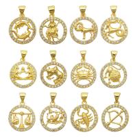 Cubic Zirconia Micro Pave Brass Pendant, 12 Signs of the Zodiac, gold color plated, DIY & different styles for choice & micro pave cubic zirconia, golden, nickel, lead & cadmium free, 23.50x16mm, Sold By PC