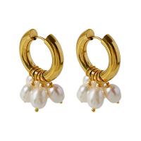 Titanium Steel Huggie Hoop Drop Earring, with Freshwater Pearl, titanium hoop earring, for woman, golden, 24x35mm, Sold By Pair