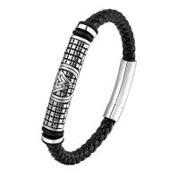 Aço inoxidável 316L pulseira, with Couro do plutônio, polido, joias de moda & para o homem, preto, comprimento 21 cm, vendido por PC