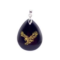 Natural Black Obsidian Pendants, with Brass, Teardrop, silver color plated, Unisex, black, 24x36mm, Sold By PC