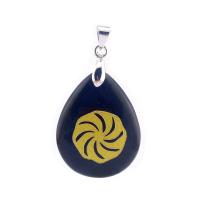 Natural Black Obsidian Pendants, with Brass, Teardrop, silver color plated, Unisex, black, 24x36mm, Sold By PC